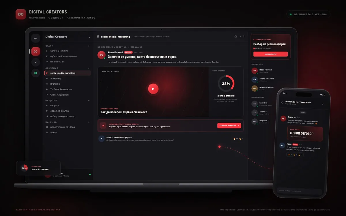 Илюстративен преглед на обученията, задачите, прогреса и Discord общността в Digital Creators